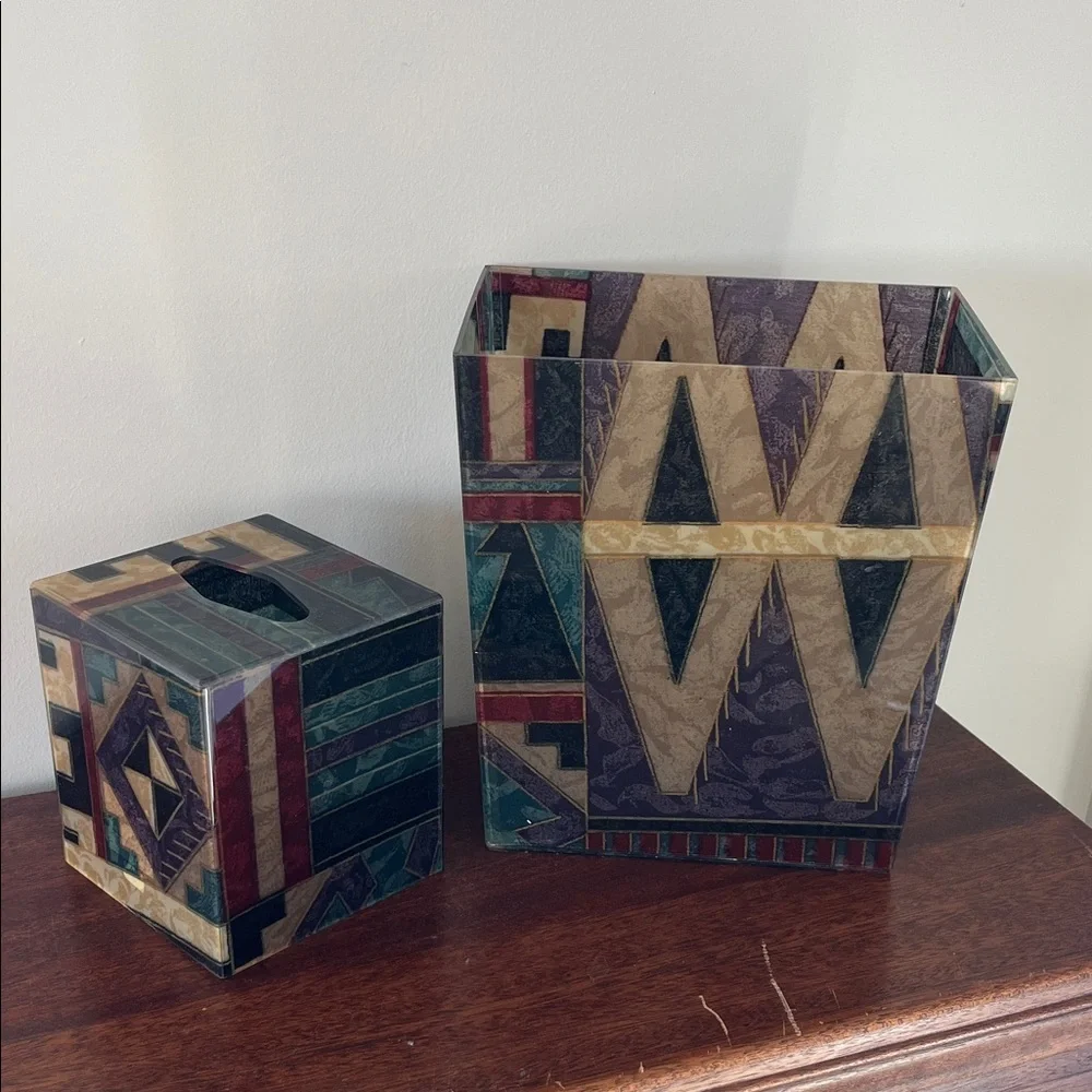 VINTAGE 90s Sandstone Aztec Geometric Tissue Box trash can Set bath office
